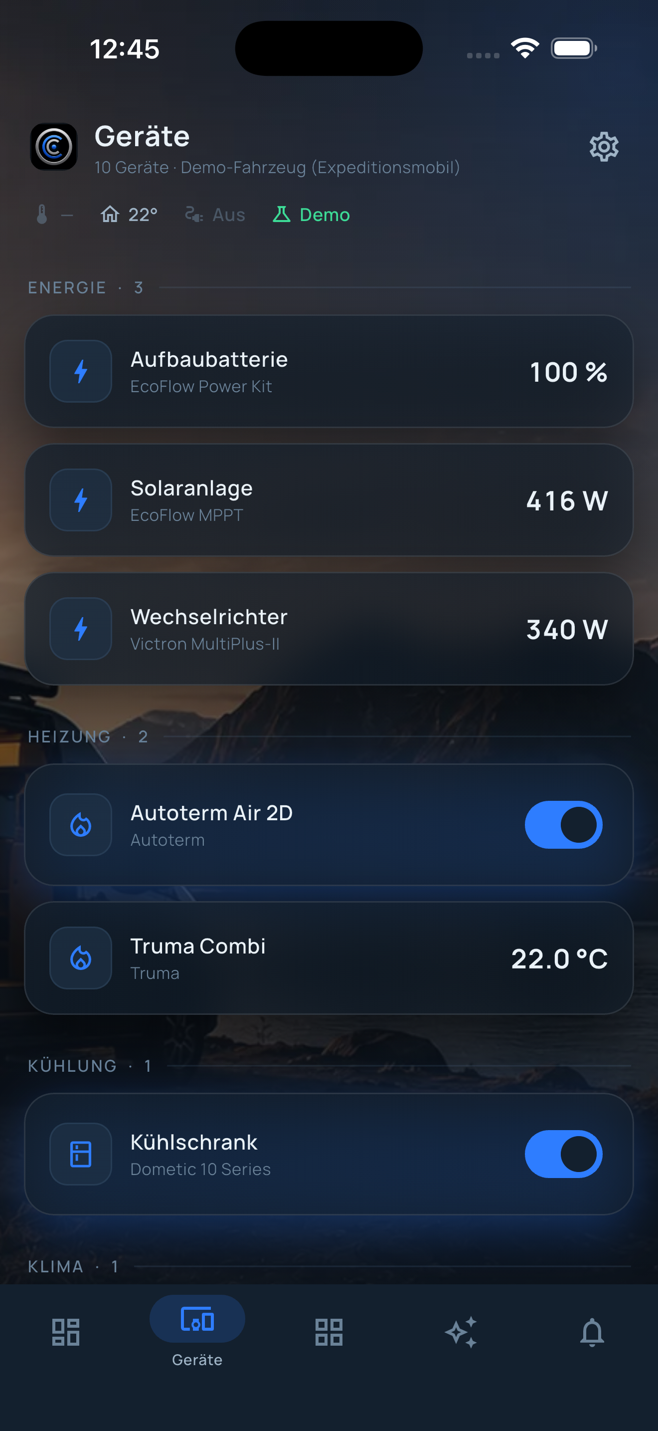 Geräte-Übersicht in der OpenCamperCore-App